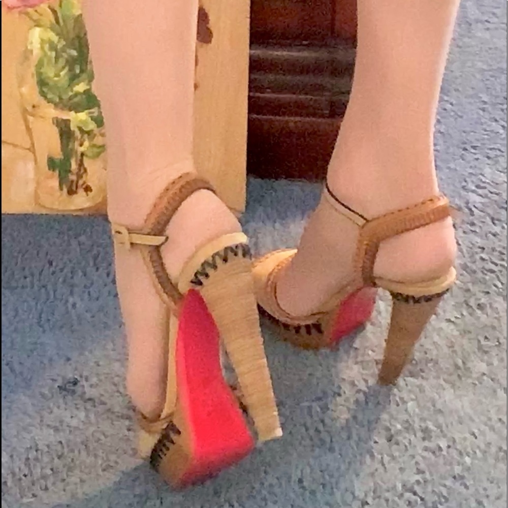 CHRISTIAN LOUBOUTIN TAN SUEDE WOODEN STILETTO ANKLE STRAP SANDALS, 40   9 U.S